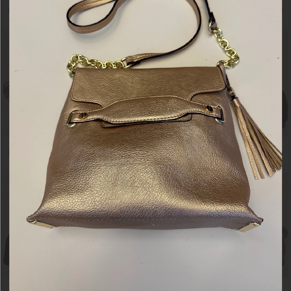 Metallic Bronze Crossbody Bag with Tassel and Gold Hardware